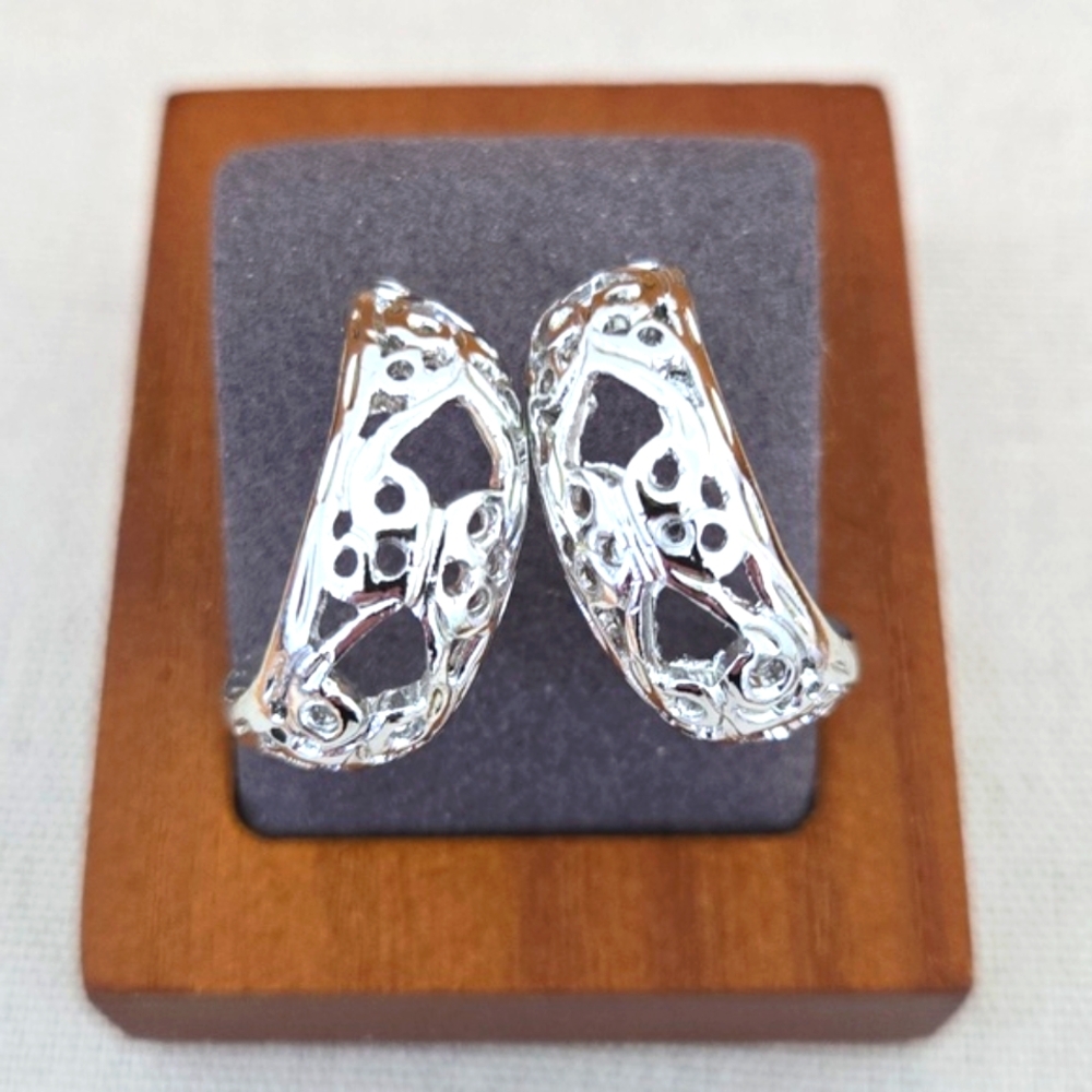 SILVER TONE OPENWORK HALF HOOPS FOR PIERCED EARS
